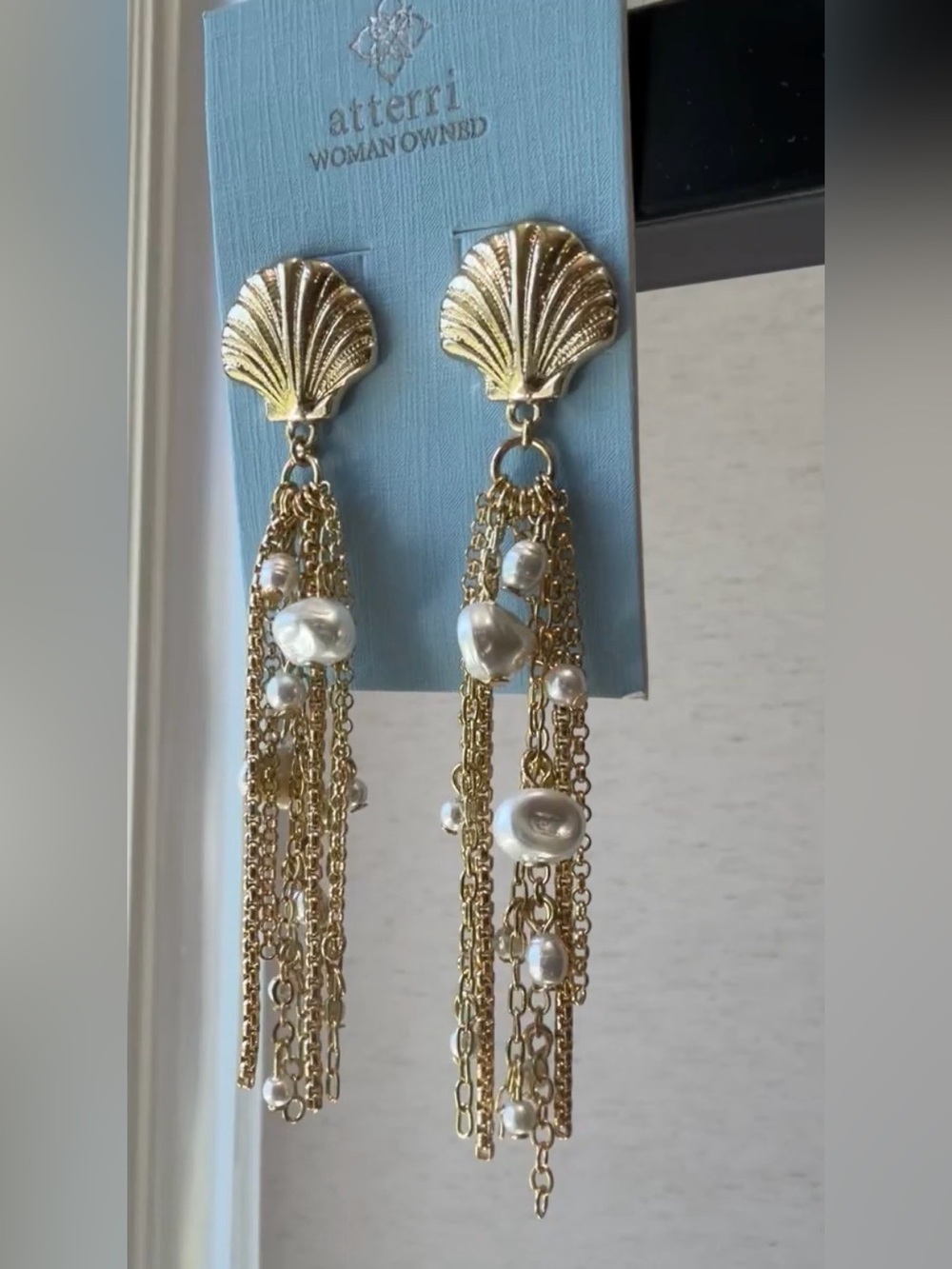 Atterri Gold Shell & Pearl Chain Fringe Earrings